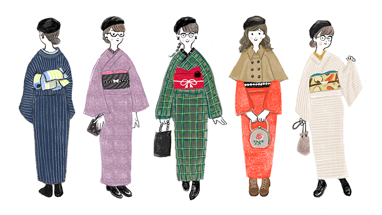 普段着物の女性イラスト イラストレーター 一二三かおりhp